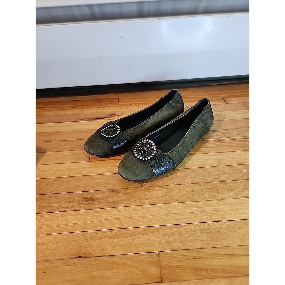 Donald J Pliner Womens Leather Embellished Peace Sign Metallic Flats Green 10